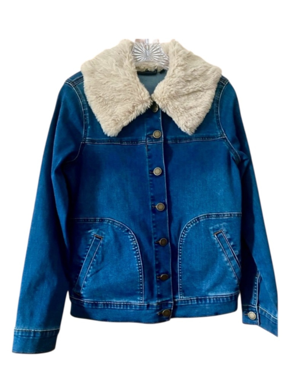 DG2 Diane Gilman Faux Fur Collar Denim Jacket Y2K Boho XS